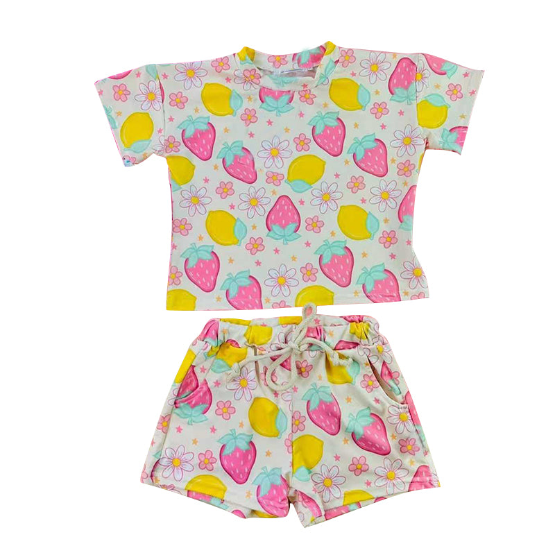 Strawberry lemon print top matching shorts girls summer outfit preorder