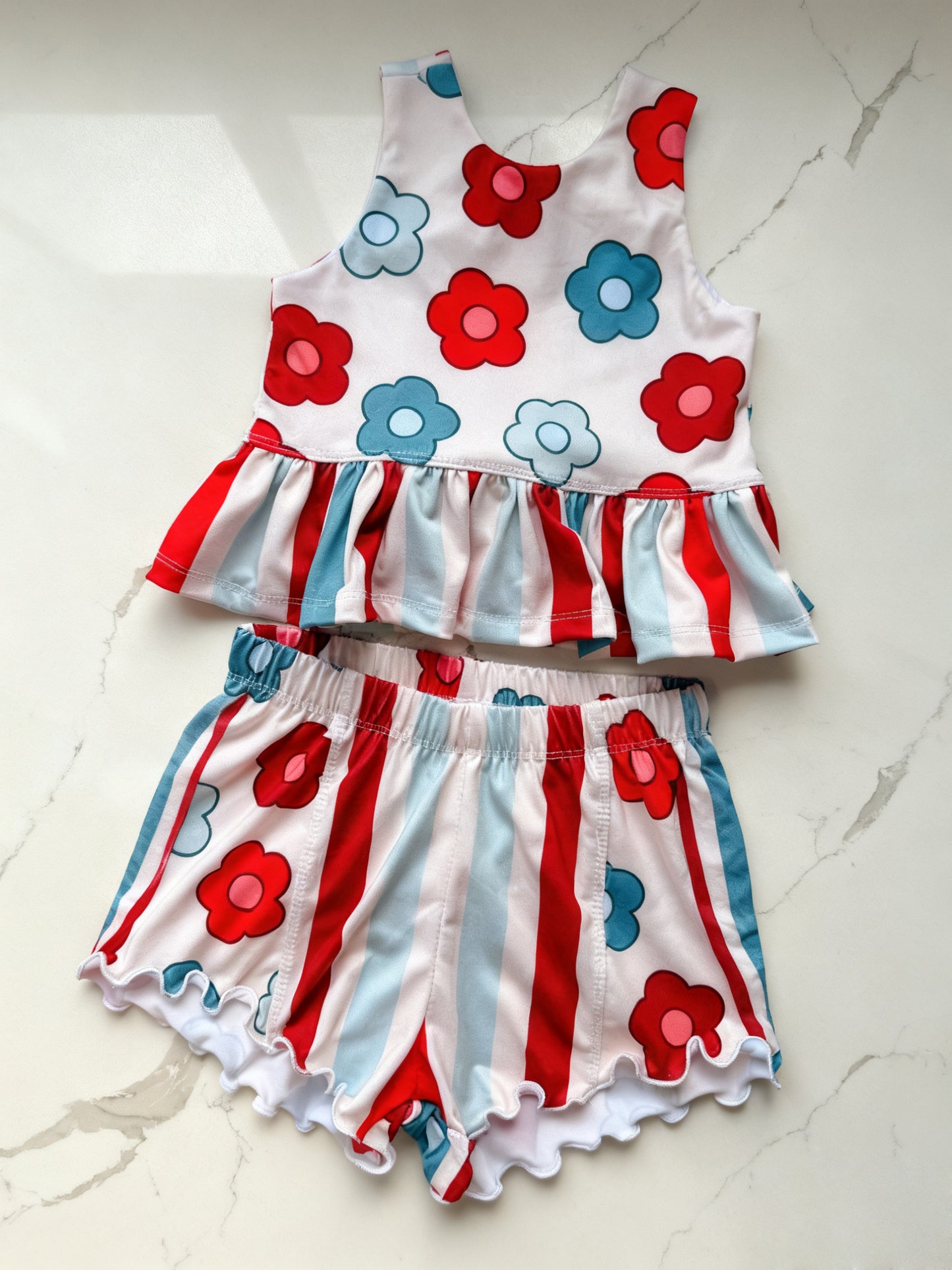 July 4th flowers top matching shorts girls summer outfit preorder