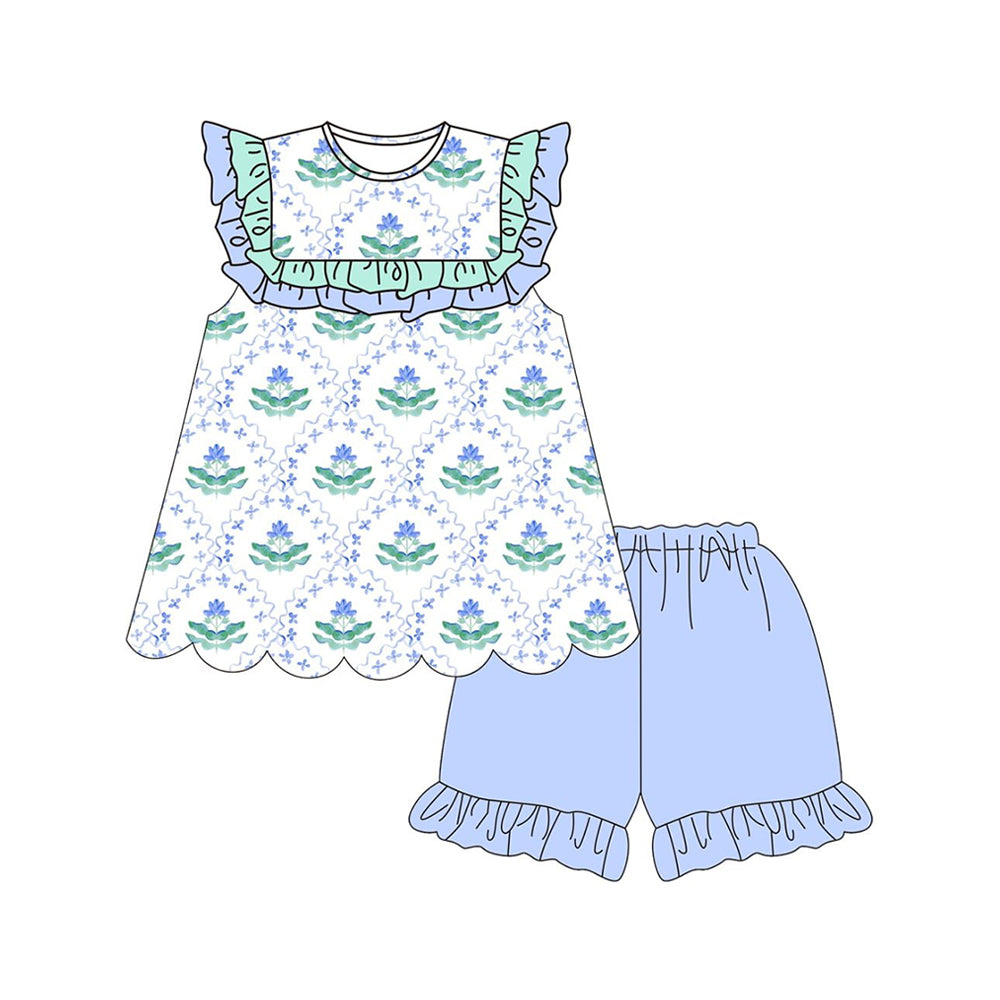 Blue flowers design top matching shorts girls summer outfit preorder