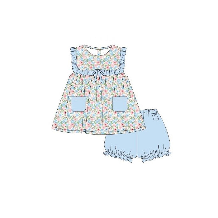 Blue pink floral top matching shorts girl summer outfit preorder