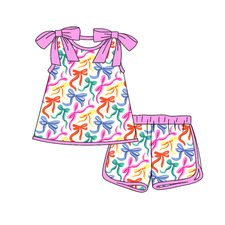 Colorful bow top matching shorts girls outfit preorder