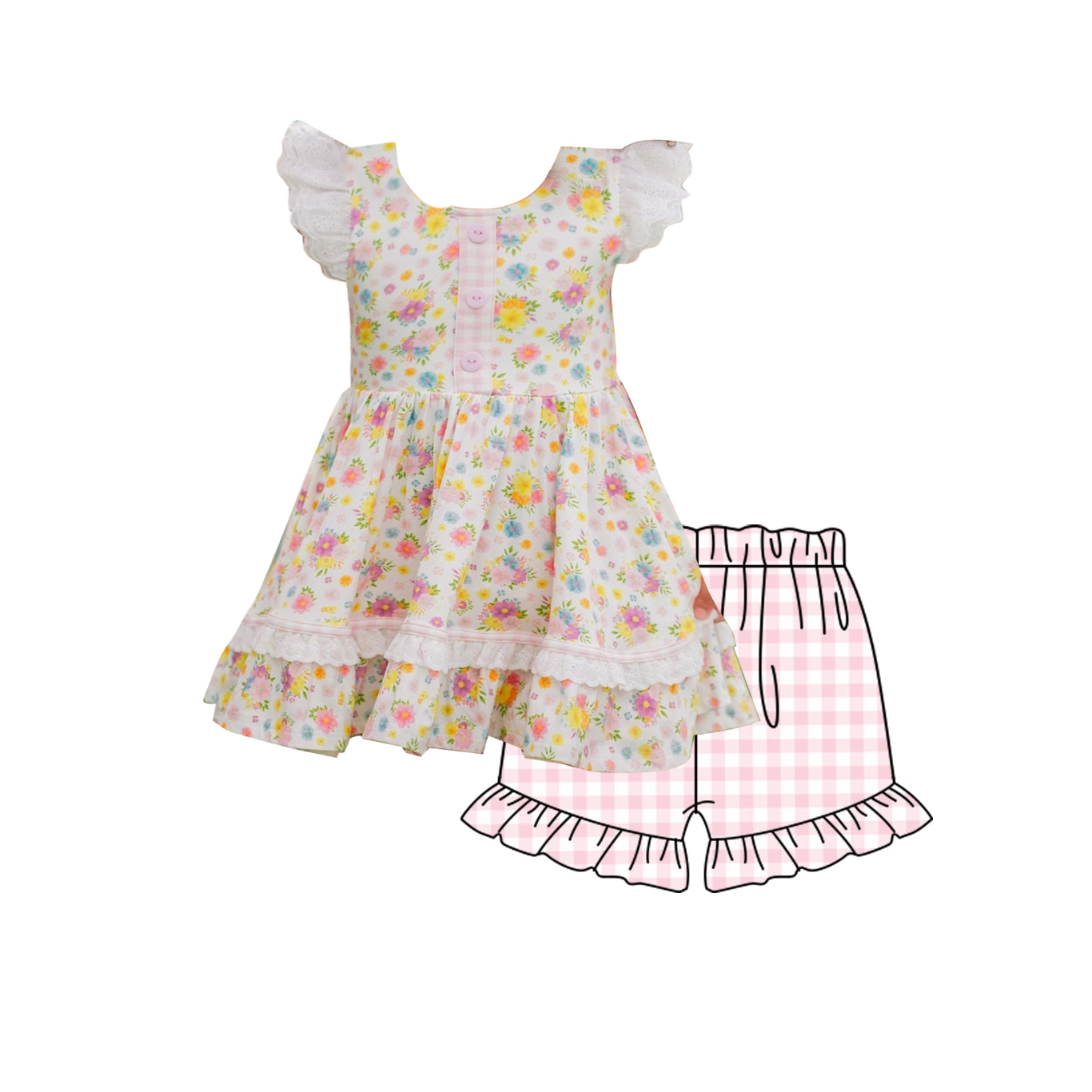 Pink flowers top matching shorts girls summer outfit preorder