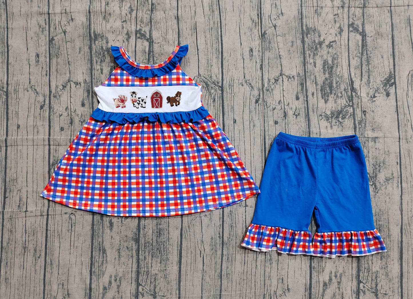 Embroidery Farm animal top matching shorts girls summer outfit preorder