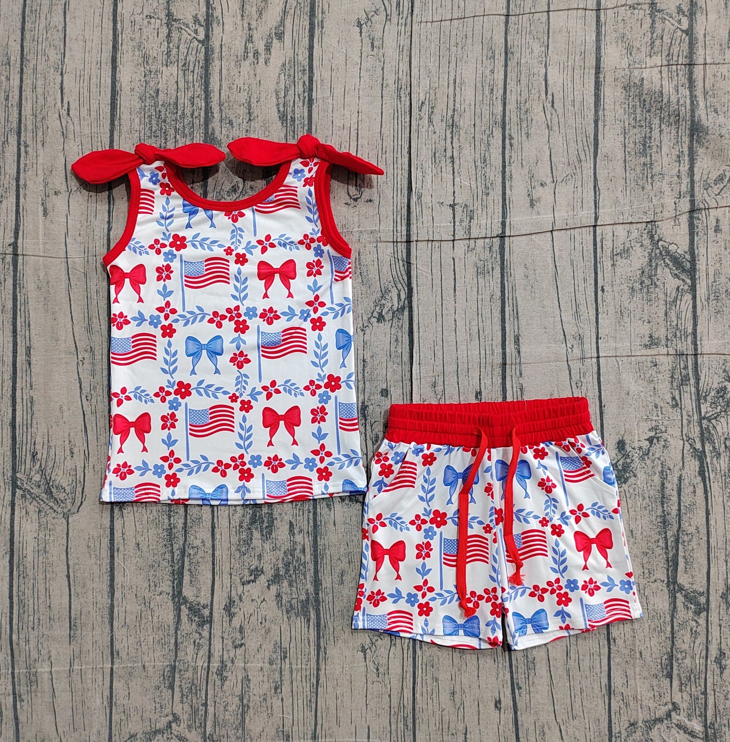 July 4th red bow top matching shorts girls outfit preorder