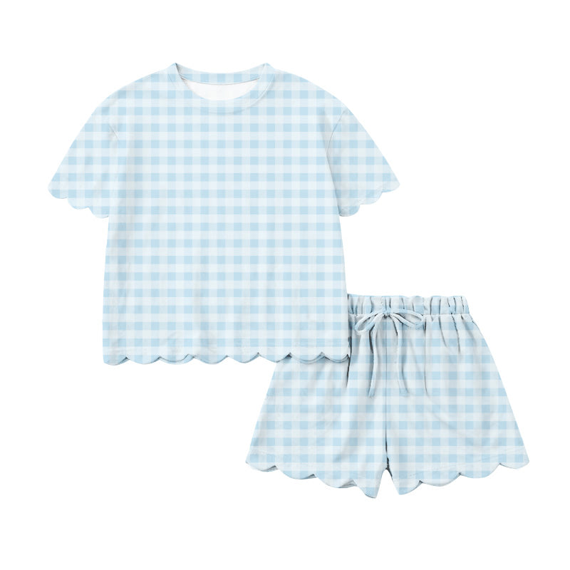Adult women blue plaid short sleeve outfit preorder
