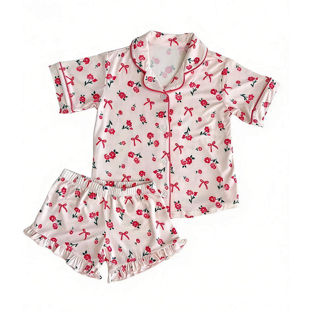 Red bow print toddle girls summer pajama set preorder