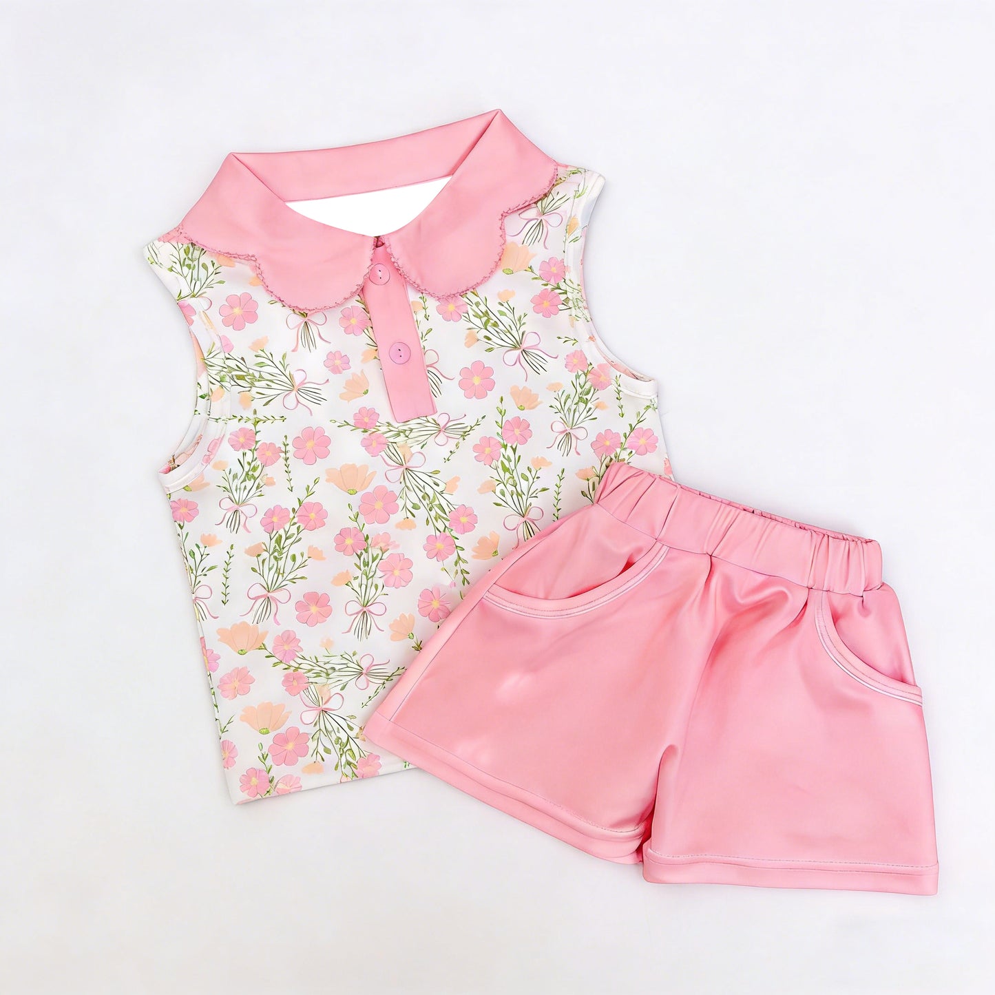 Pink floral top matching shorts girls summer outfit preorder