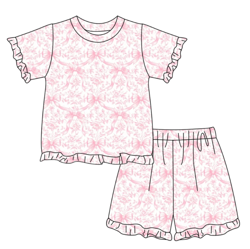 Pink bow top matching shorts girls summer outfit preorder