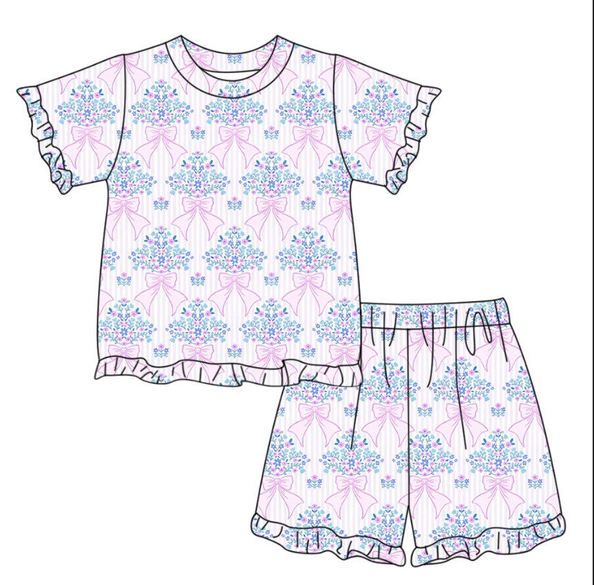 Pink bow flowers top matching shorts girls summer outfit preorder