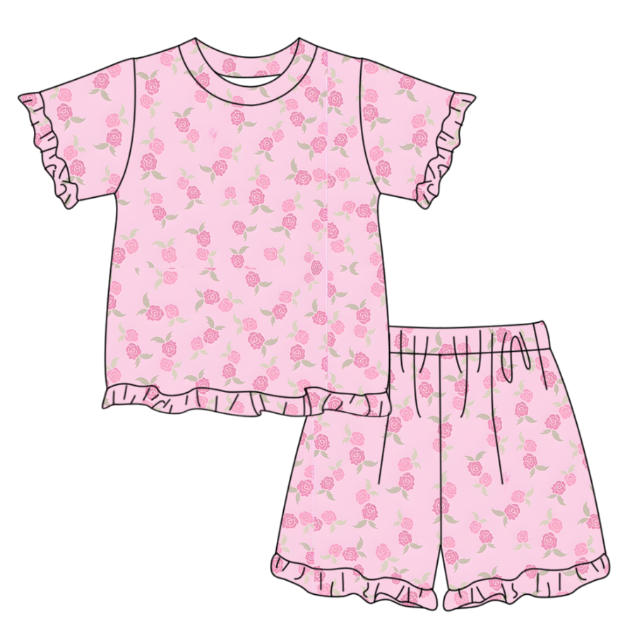 Pink flowers short sleeve top matching shorts girls summer outfit preorder