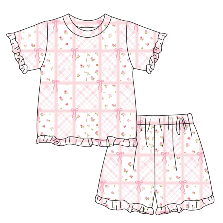 Pink flowers short sleeve top matching shorts girls summer outfit preorder