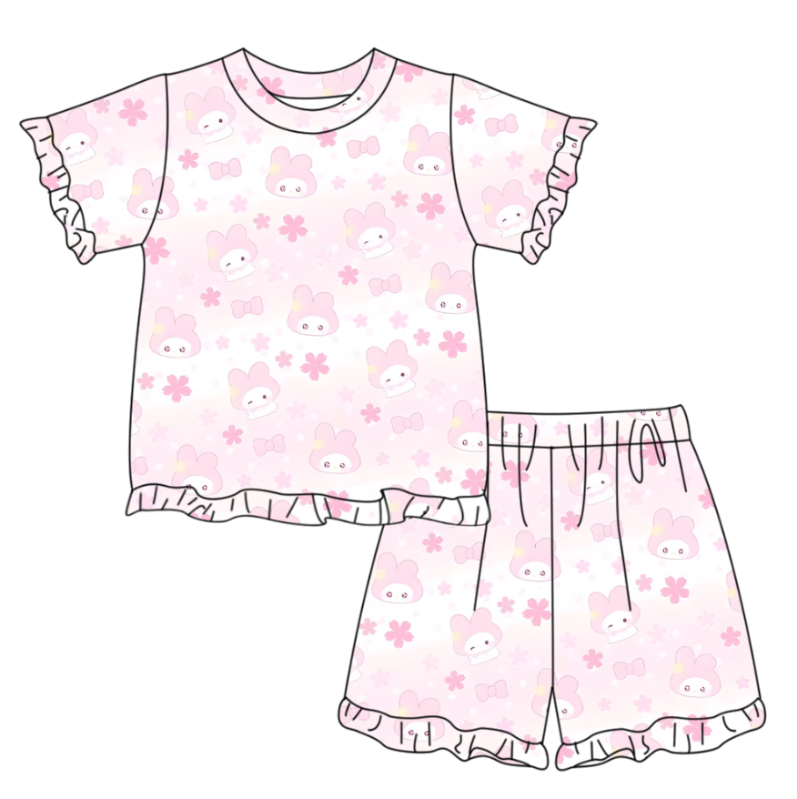 Pink flowers short sleeve top matching shorts girls summer outfit preorder
