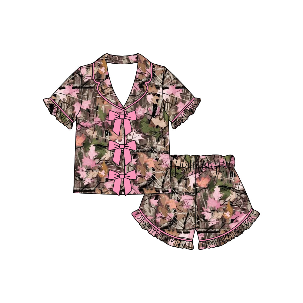 Pink bow camo top matching shorts girls pajama set preorder
