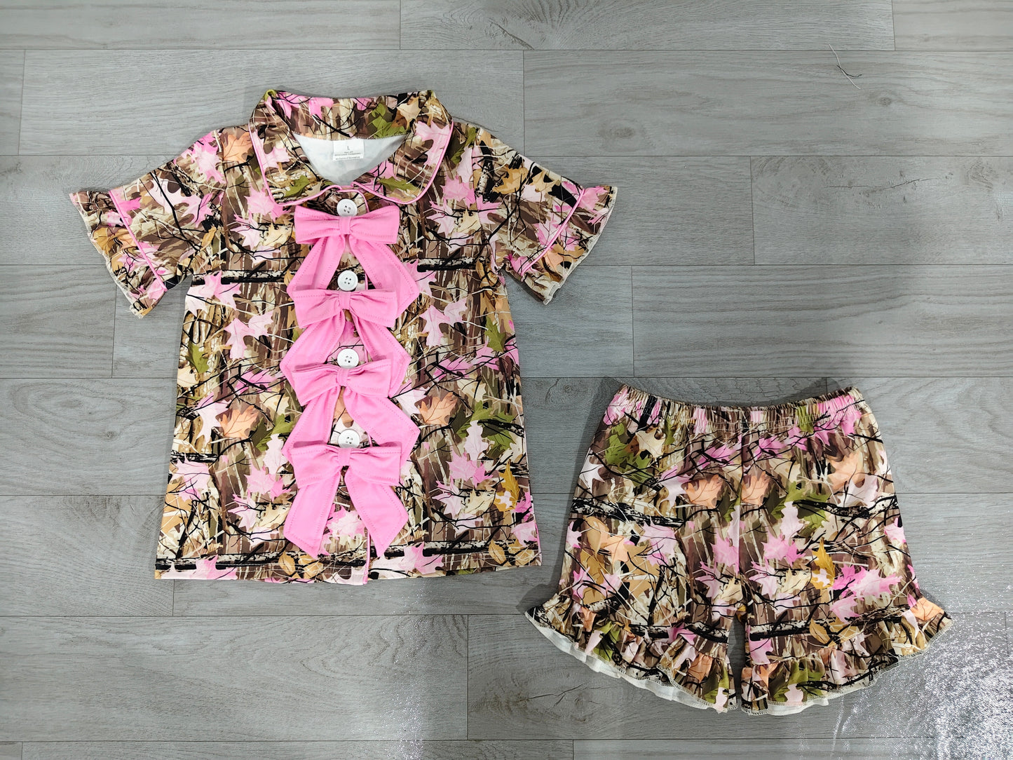 Pink bow camo top matching shorts girls pajama set preorder