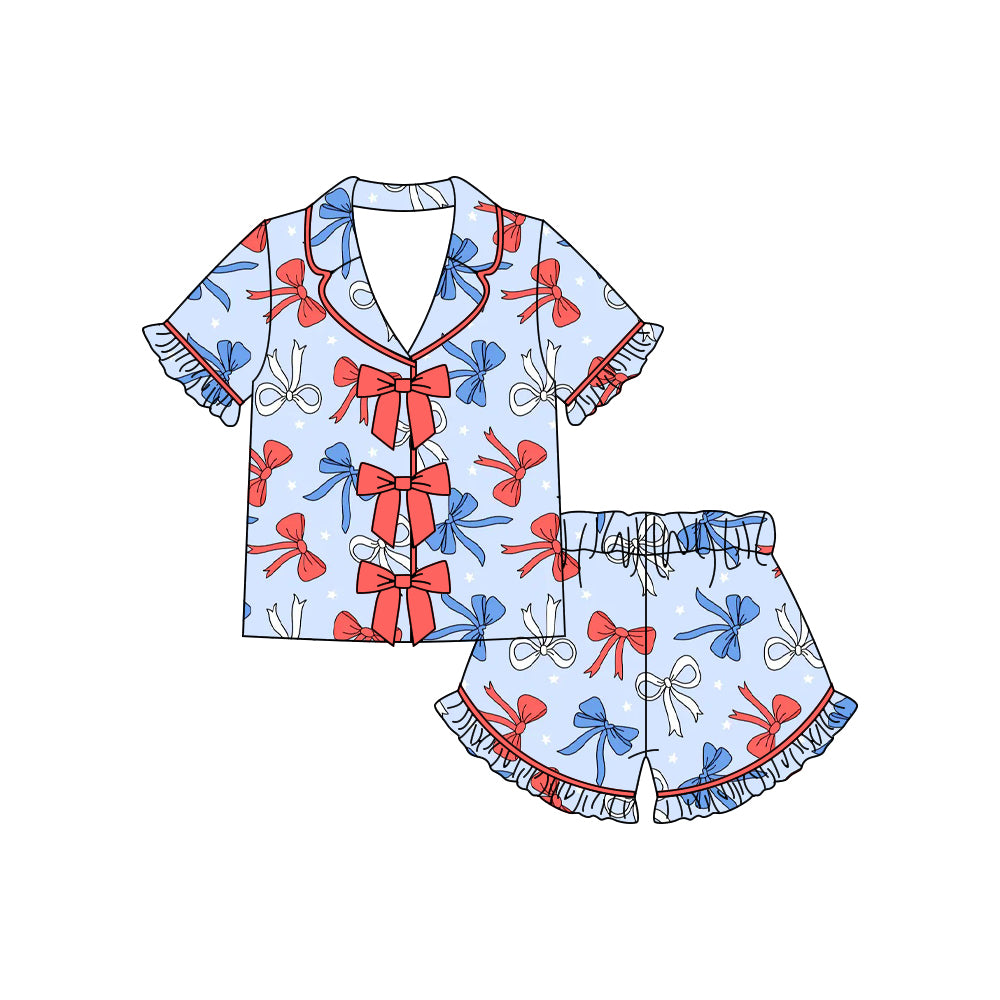 July 4th red blue bow top matching shorts girls pajama set preorder