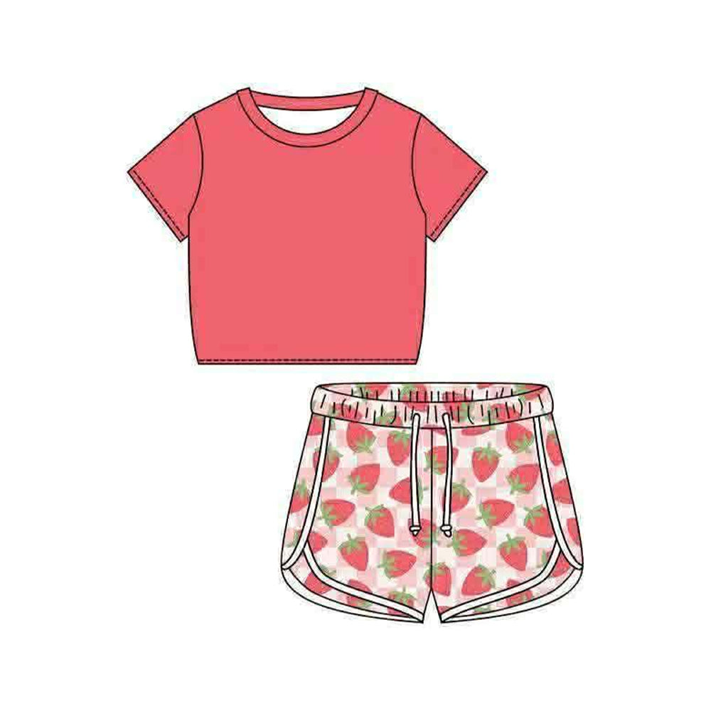 Coral top matching strawberry shorts girls summer outfit preorder
