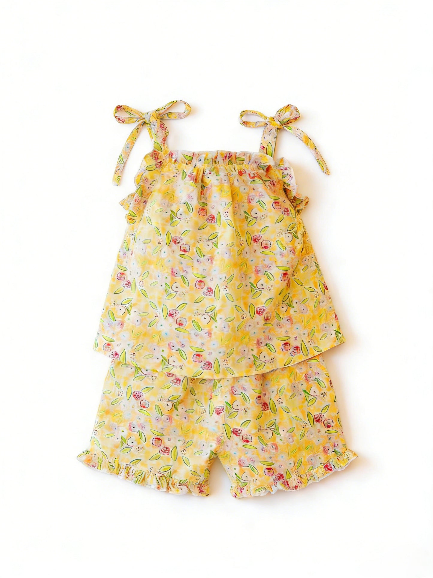 Yellow flowers design top matching shorts girls summer outfit preorder