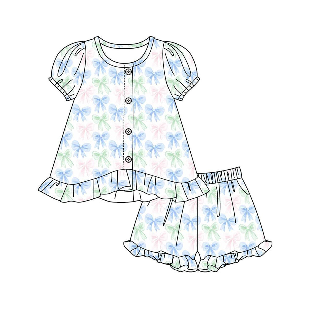 Blue pink green bow top matching shorts girl summer outfit preorder
