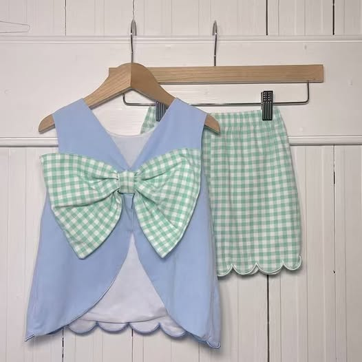 Green plaid bow top matching shorts girl summer outfit preorder