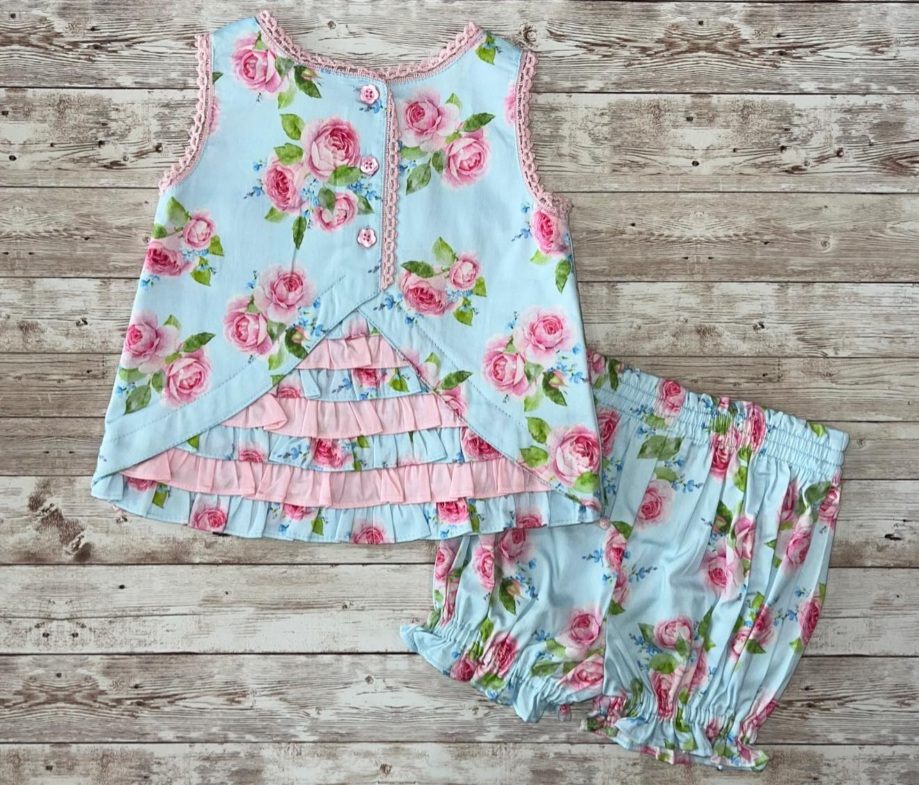 Pink floral top matching shorts girl summer outfit preorder