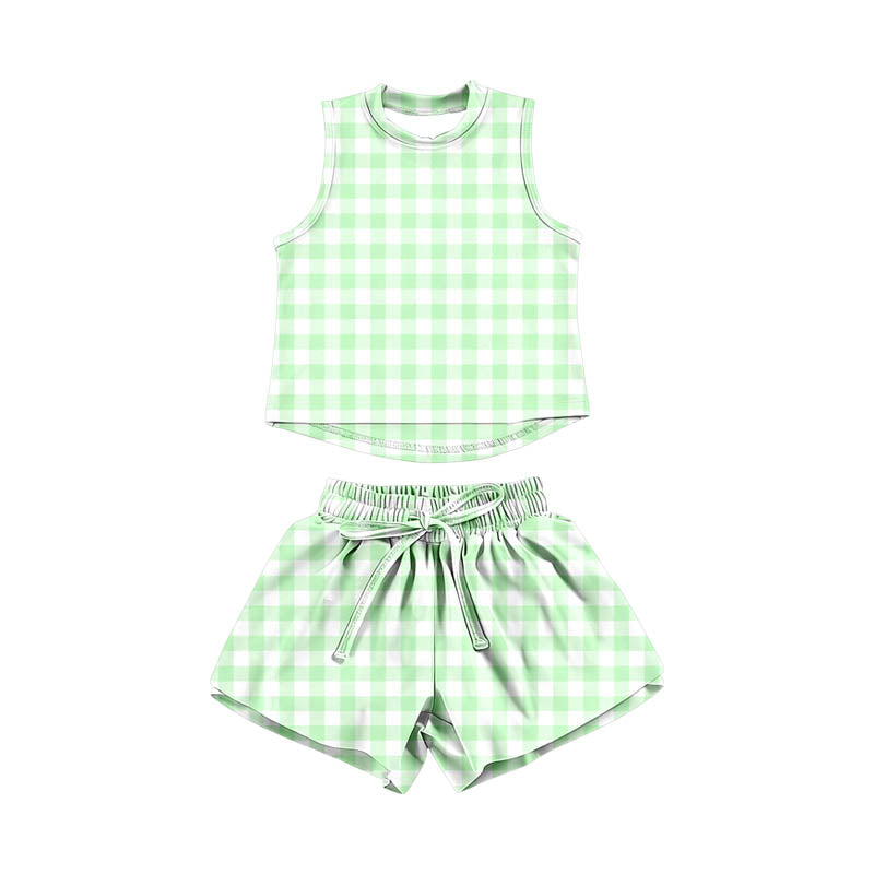 Green plaid top matching shorts girl summer yoga outfit preorder