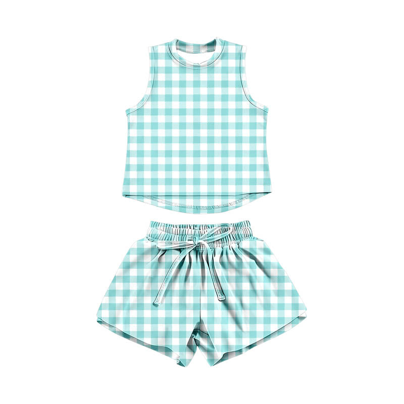 Aqua plaid top matching shorts girl summer yoga outfit preorder