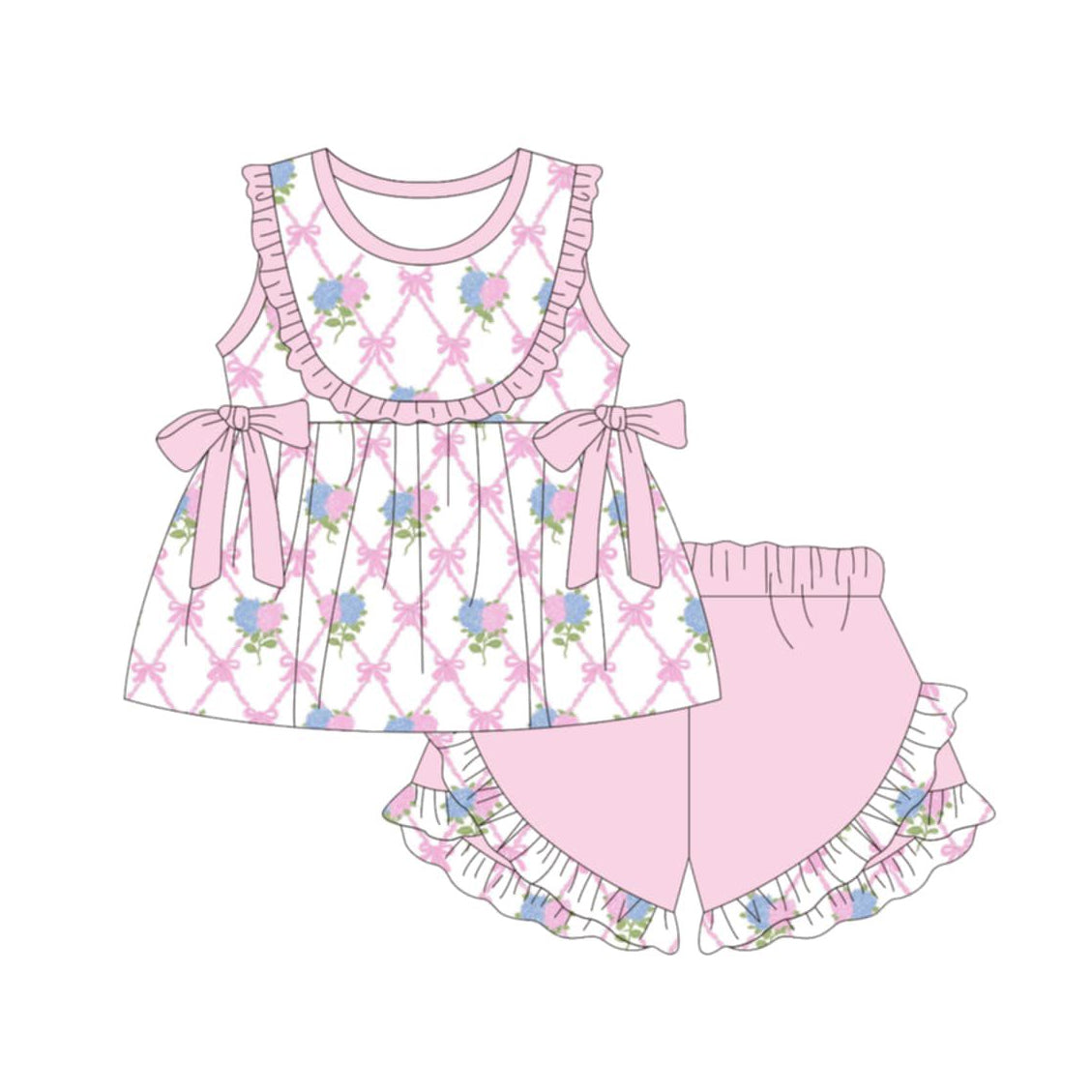 Pink blue flowers top matching shorts girl summer outfit preorder