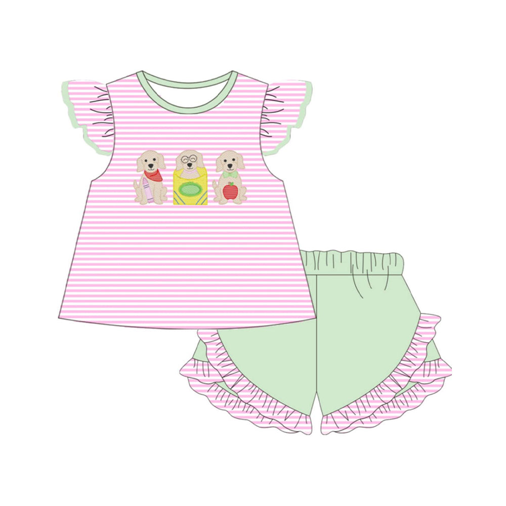 Back to school dog design top matching shorts girl summer outfit preorder