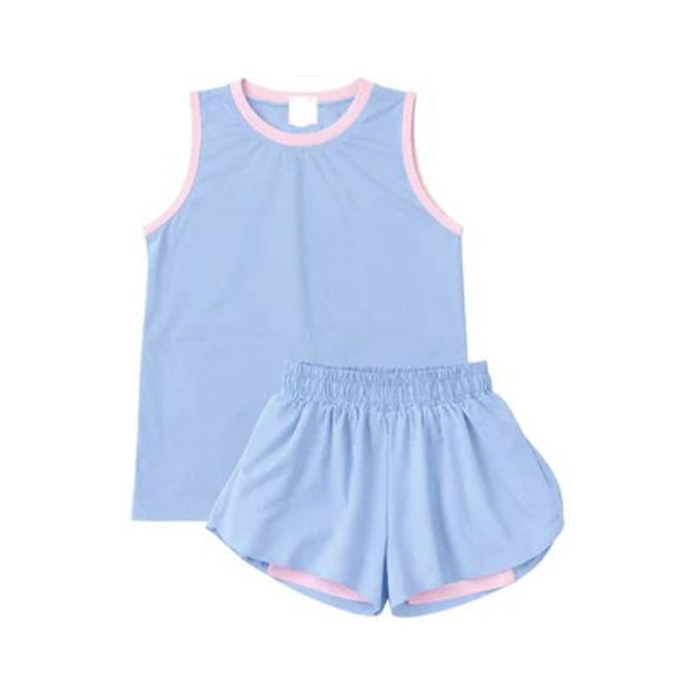 Blue yoga top matching shorts girls summer outfit preorder