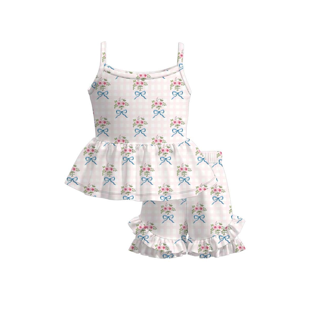 Pink flowers blue bow top matching shorts girl summer outfit preorder