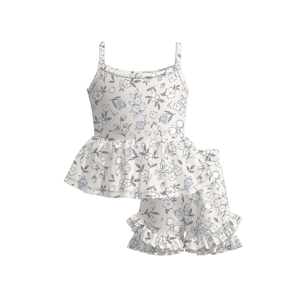 Blue flowers top matching shorts girl summer outfit preorder
