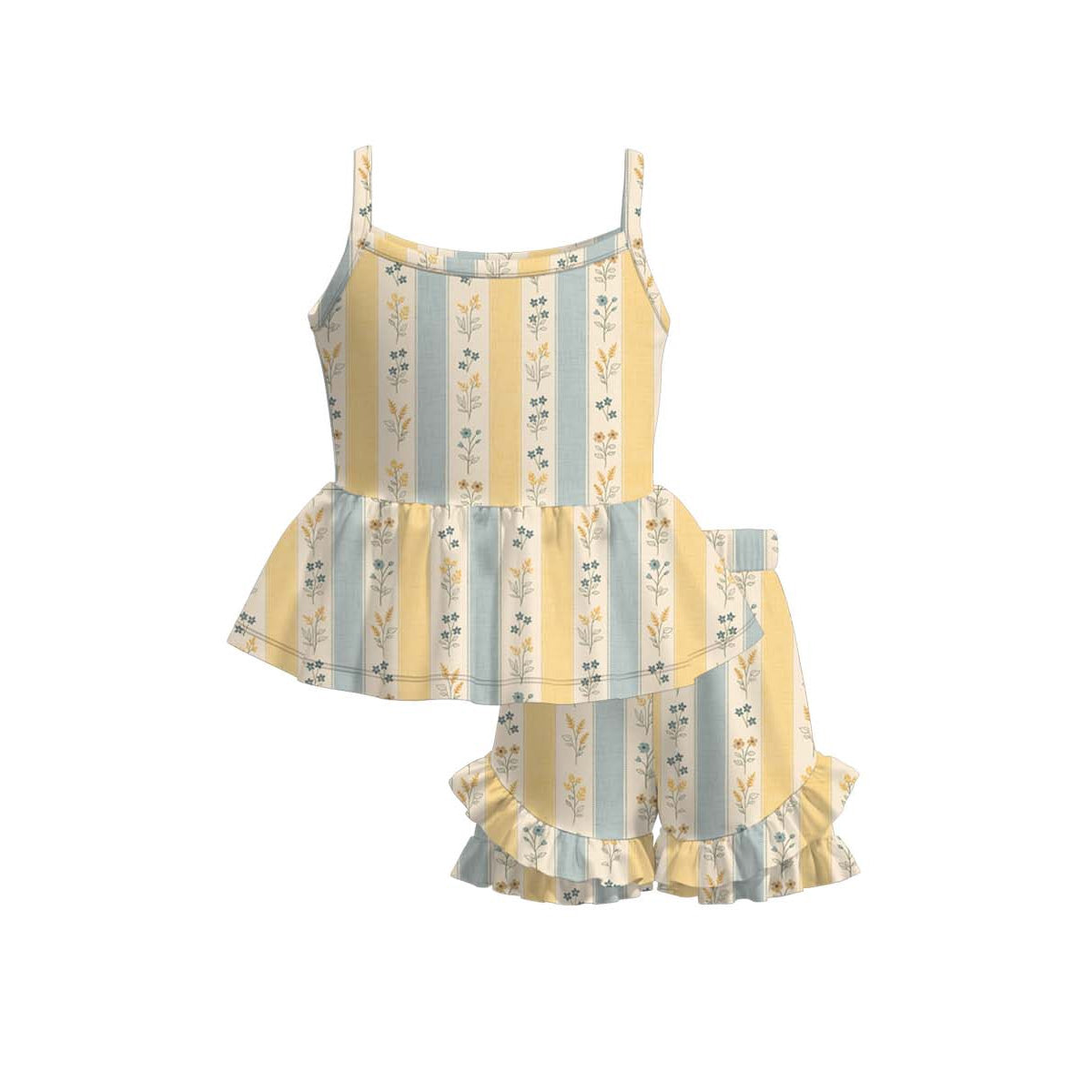 Blue yellow flowers top matching shorts girl summer outfit preorder