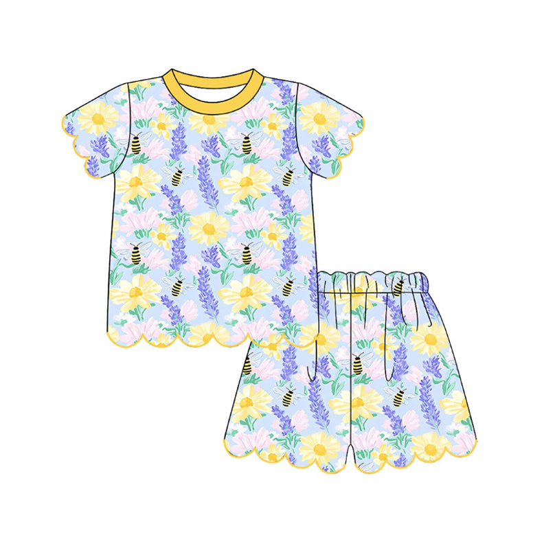 Yellow flowers bee top matching shorts girl summer outfit preorder