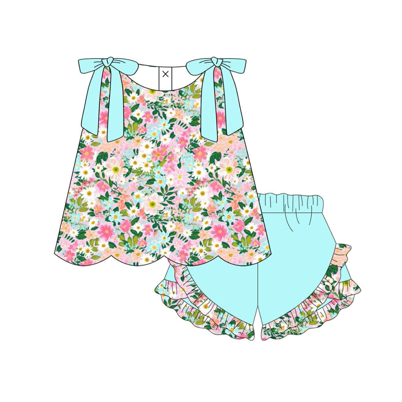 Blue pink flowers top matching shorts girls summer outfit preorder