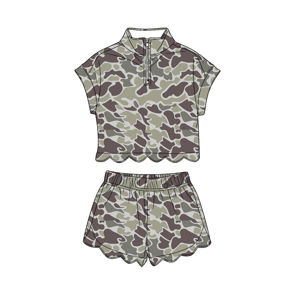 Dark grey camo short sleeve pullover top matching shorts girl summer outfit preorder