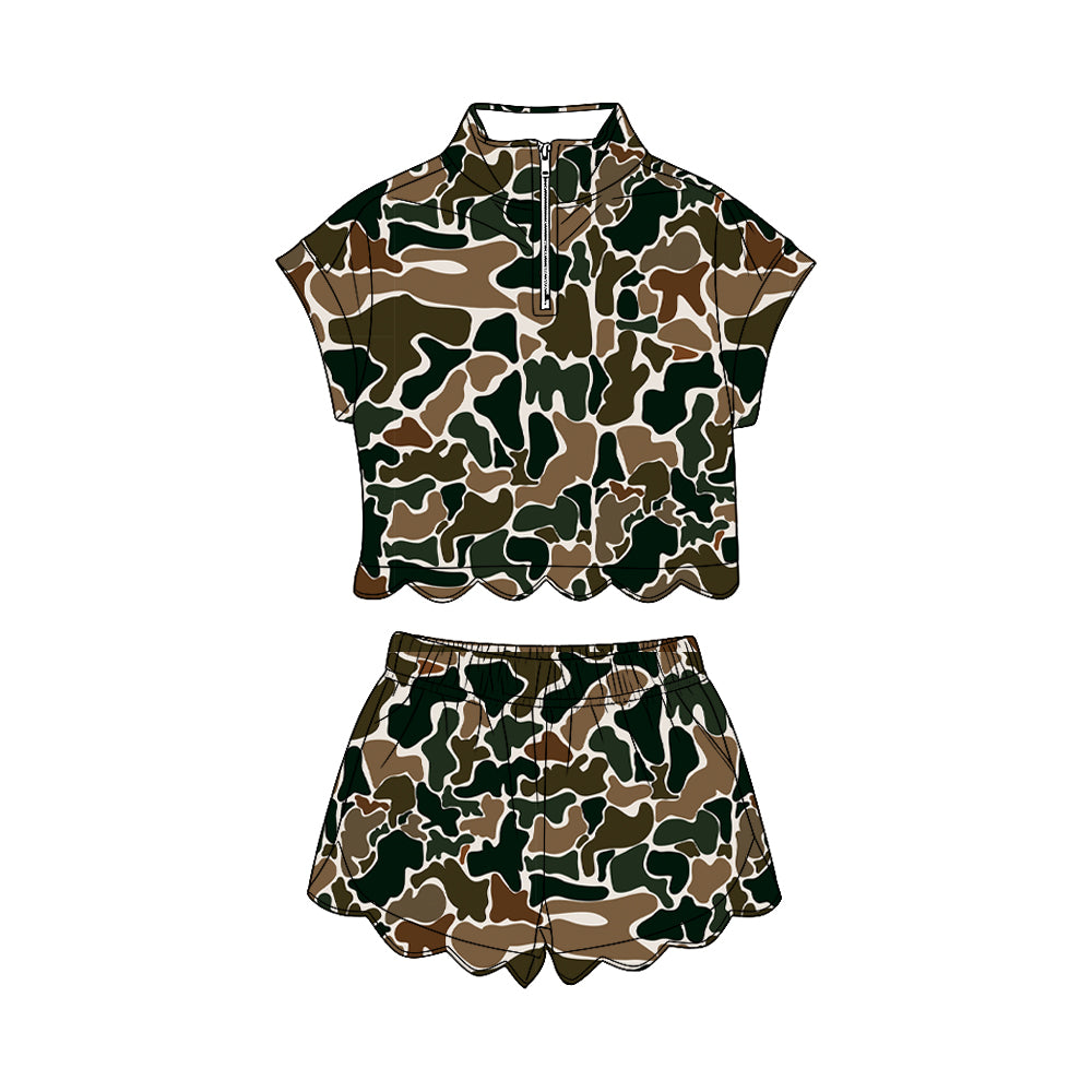 Dark green Camo short sleeve pullover top matching shorts girl summer outfit preorder