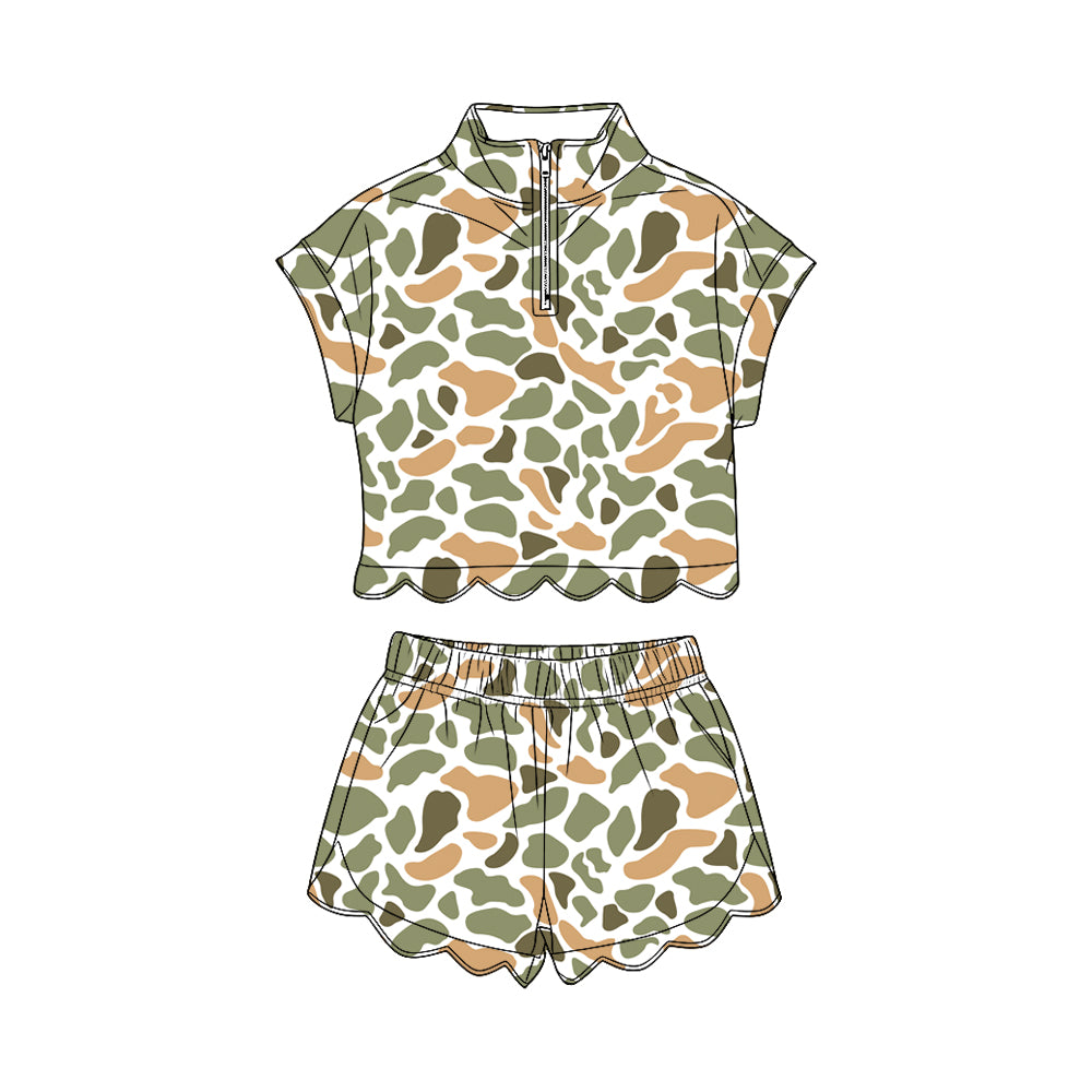 Green orange Camo short sleeve pullover top matching shorts girl summer outfit preorder