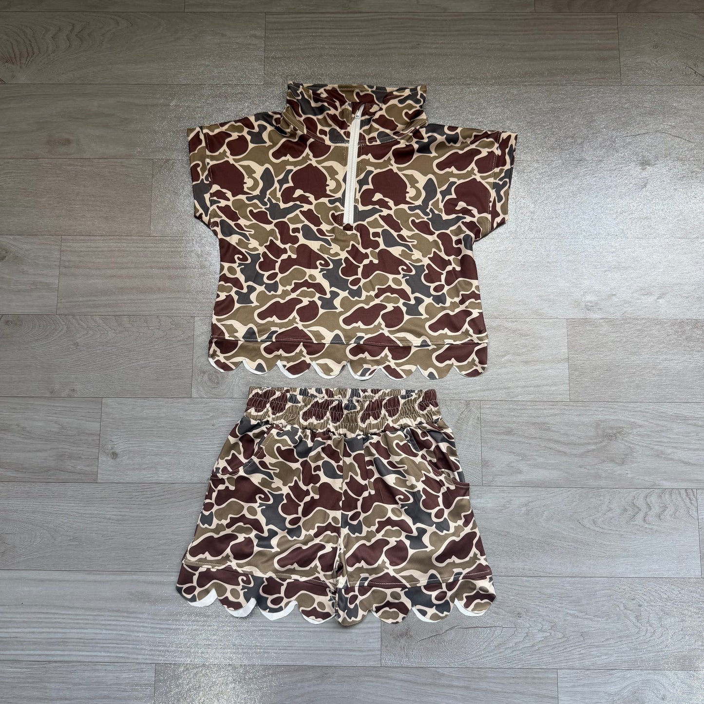 Dark brown Camo short sleeve pullover top matching shorts girl summer outfit preorder