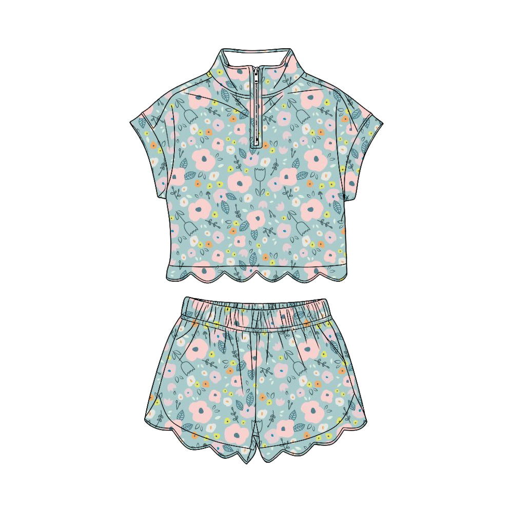 Pink flowers short sleeve pullover top matching shorts girl summer outfit preorder