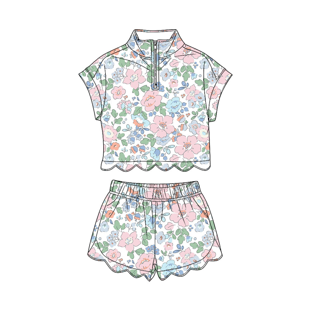 Pink blue flowers short sleeve pullover top matching shorts girl summer outfit preorder