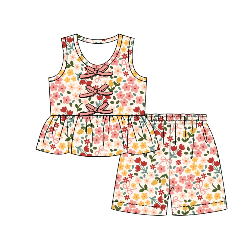 Pink flowers top matching shorts girl summer outfit preorder