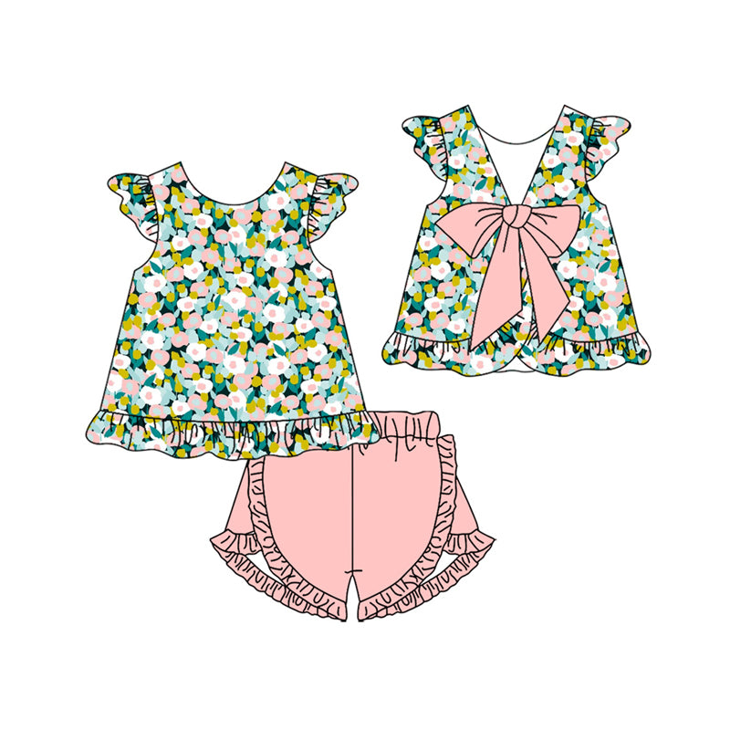 Pink white flowers top matching shorts girl summer outfit preorder