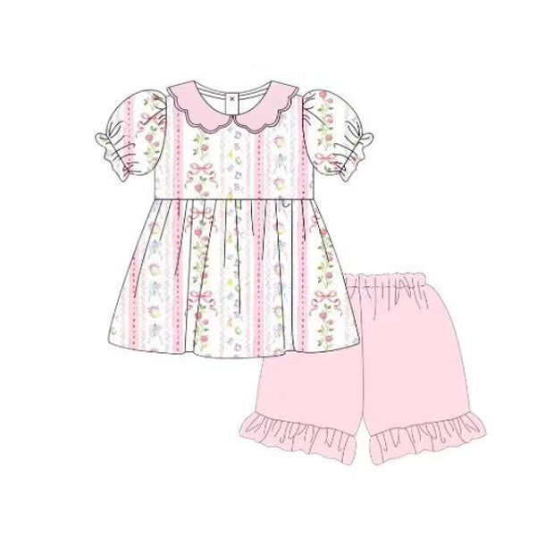 Pink flowers top matching shorts girls summer outfit preorder