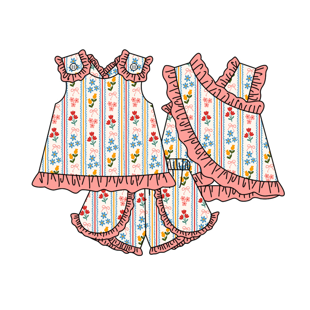 Red pink flowers print top matching shorts girls summer outfit preorder