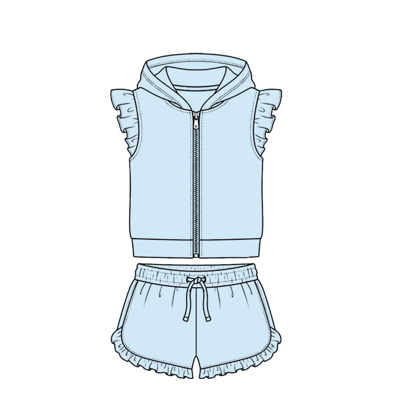 Light Blue zip hoodie top matching shorts girls summer set preorder