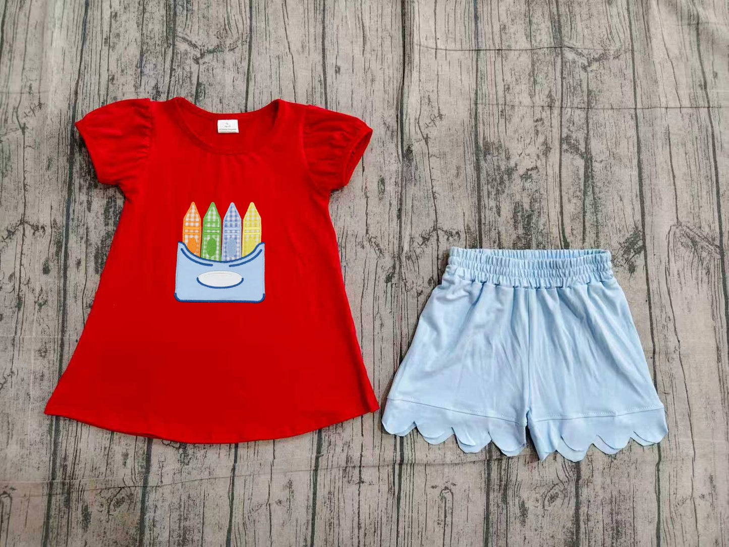 Back to school embroidery pencil short sleeve top matching shorts girls summer set preorder