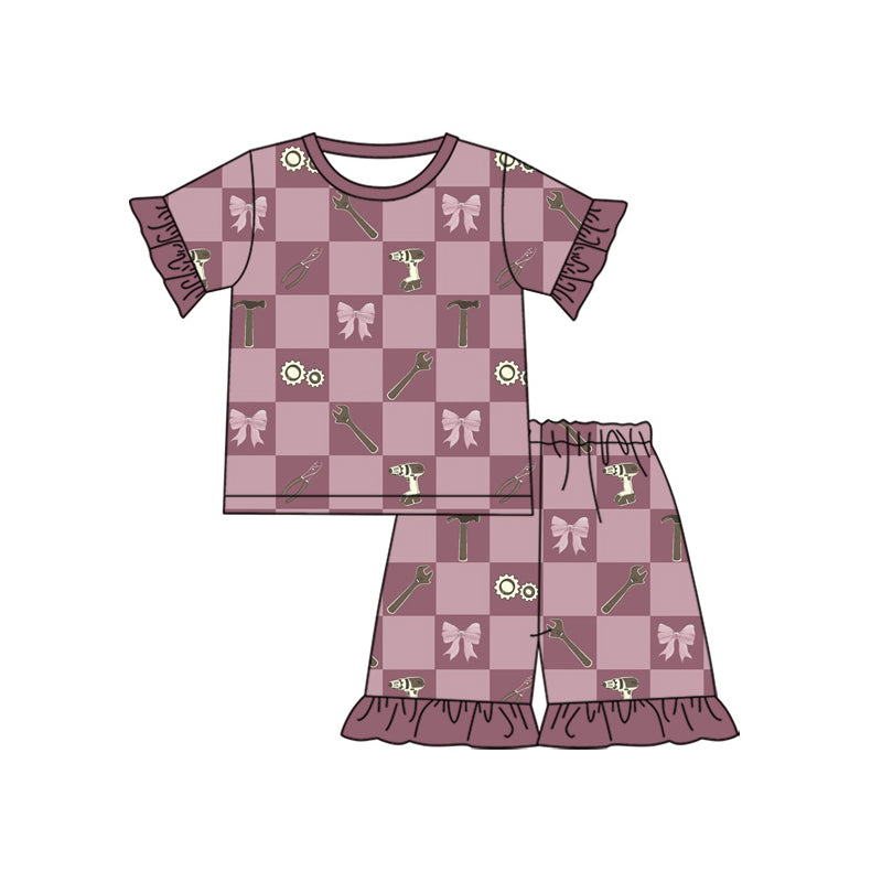 Pink bow tool design top matching shorts girls summer outfit preorder