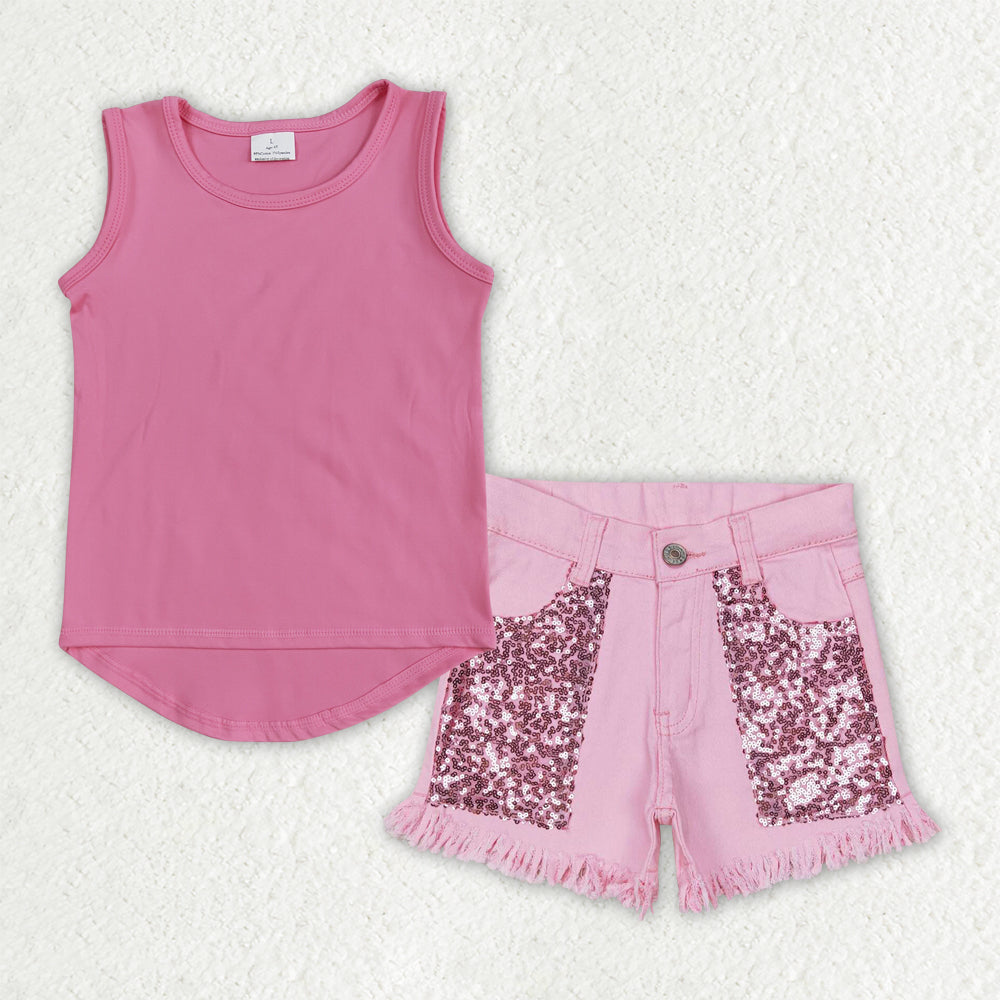 Hot pink tank top sequin denim shorts sets