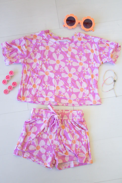 Flowers short sleeve top matching shorts girls summer outfit preorder