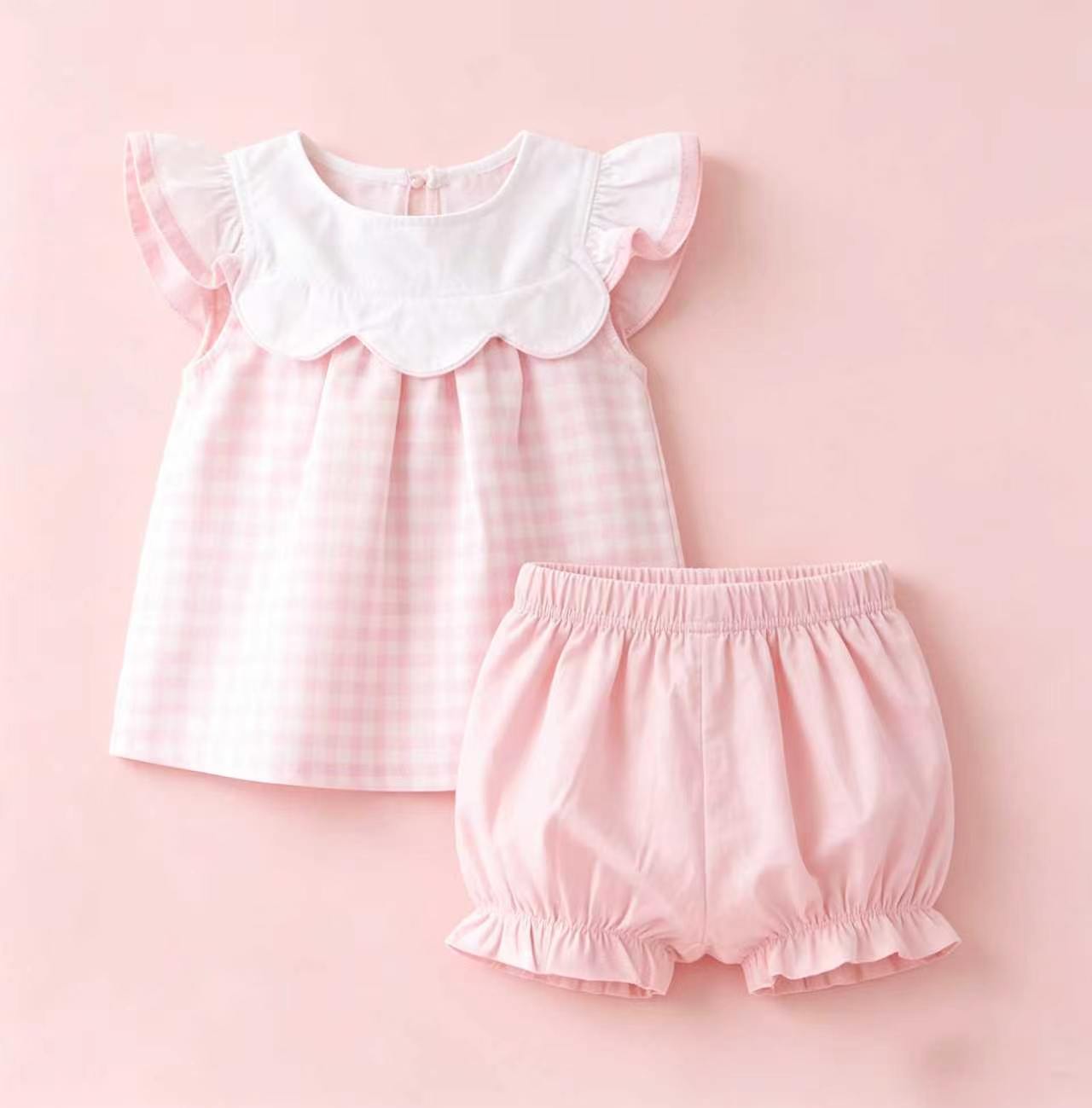 Pink plaid top matching shorts girls summer outfit preorder